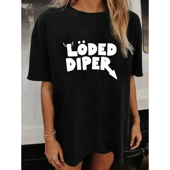 Women LODED DIPER Letter Print Loose Oversized T-Shirt For Women - Casual Polyester Knit Fabric With Round Neckline, All-Season Comfort, 1 Piece, 200gsm2025