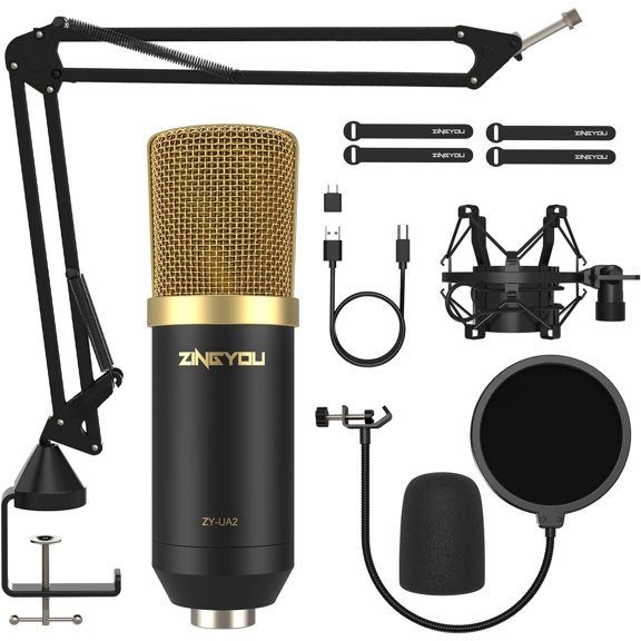 ZINGYOU USB Condenser Microphone, 96KHz/24Bit Cardioid Computer Mic Kit for PC Recording, Gaming, Live Streaming, Voice Over, YouTube, Twitch, with Upgraded Boom Arm, ZY-UA2 (Gold)