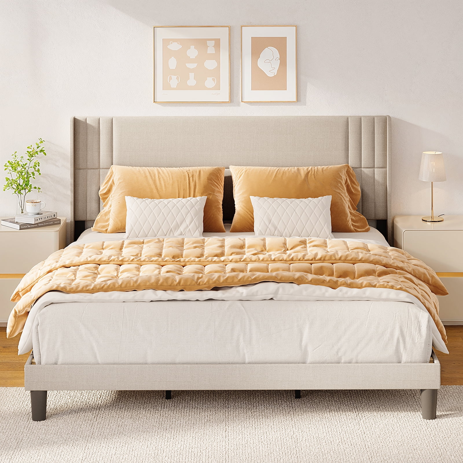 King Platform Bed Frame with Wingback Headboard, Wood Slat Support, Noise-Free, No Box Spring Needed, 850 lbs, Beige