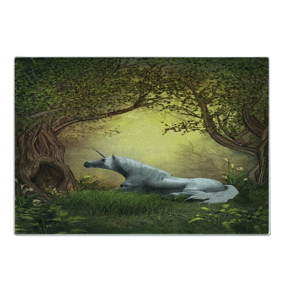 Unicorn Cutting Board, Enchanted Forest Fantasy Willow Trees Wildflowers Woodland Animal Folklore, Decorative Tempered Glass Cutting and Serving Board, Small Size, Green White, by Ambesonne