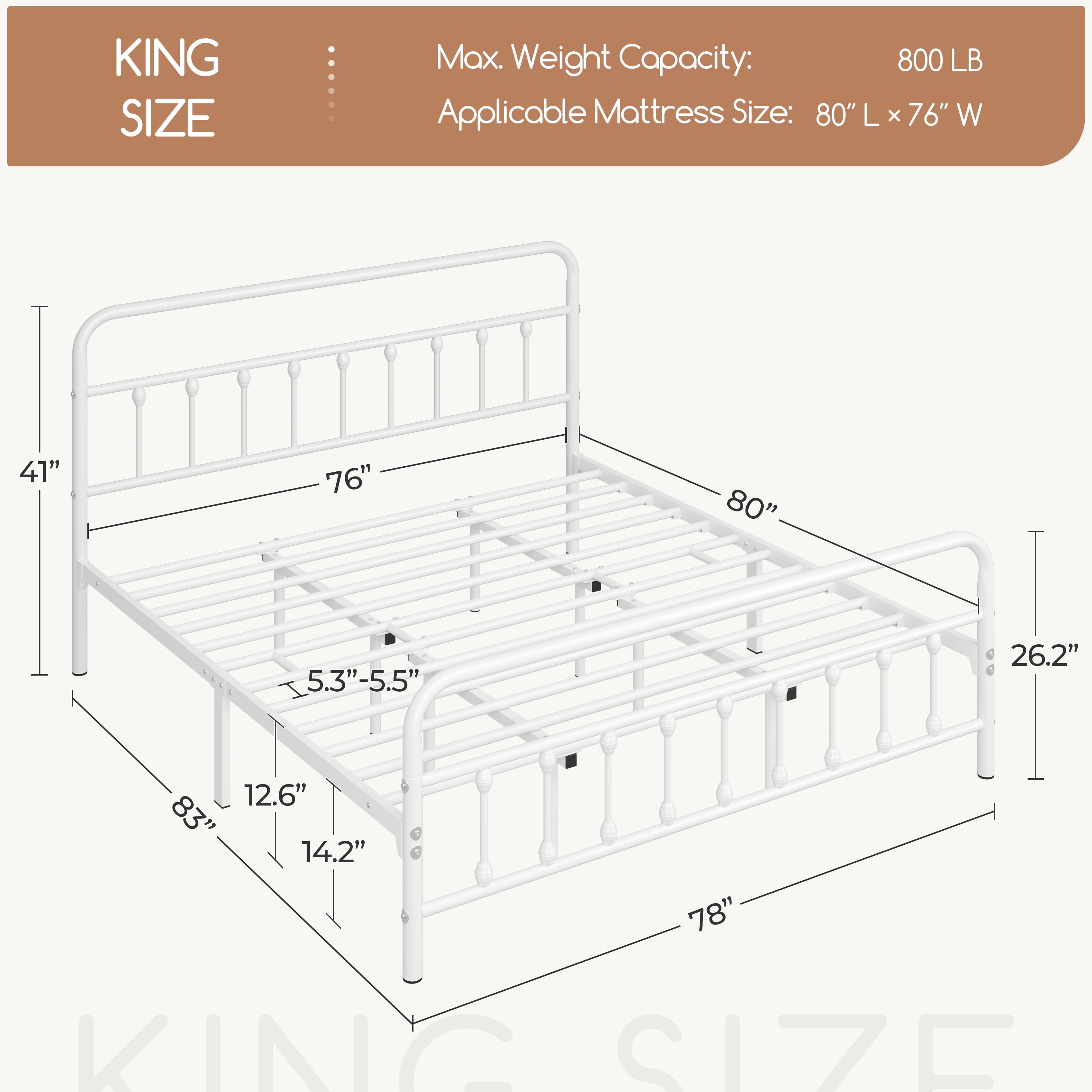 Alden Design King Size Classic Iron Platform Bed with High Headboard and Footboard, White