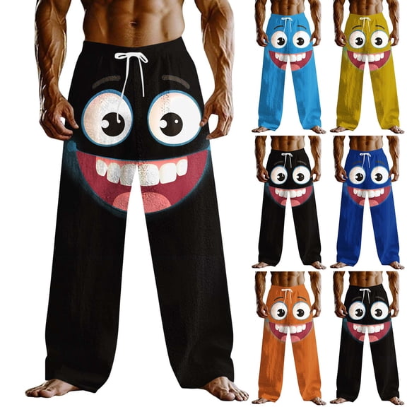 UVEASISHA Casual Beach Pants for Men 3D Cartoon Smile Face Print Linen Pants Big and Tall Elastic Waist Drawstring Pajama Pants Loose Fit Trousers with Pockets Black L