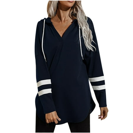 

Mrat Long Sleeve Women Blouses Hooded Sweatshirts Ladies Stitching Loose Long Sleeve Fashion Casual Hooded Sweater Blouse Long Sleeve Maternity Blouse