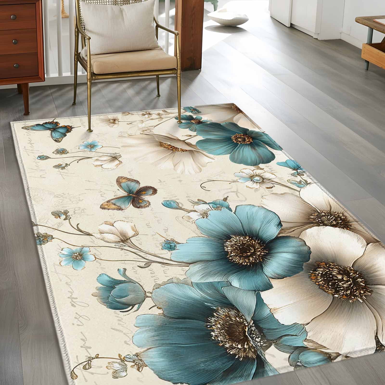 Teal Tulip Butterfly Area Rugs 4'x6', Washable Small Throw Rugs for Office Bathroom, Turquoise Floral Farmhouse Beige Indoor Outdoor Rug Non-Slip Low Pile Carpet Runner Reversible Floor Mats