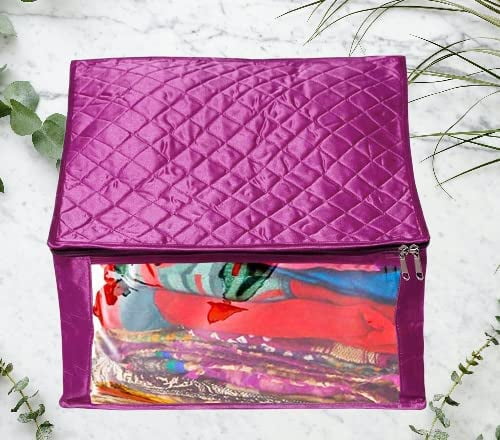 atorakushon Satin Fabric Foldable Garments Saree Blouse Cover Bag Pouch Closet Wardrobe Organizer With Clear Window Zipper Lock Pack of 5 (Purple)