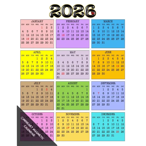 2026 - 12 Month Miheart Magnetic Refrigerator Calendar 8.5"X11"