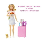 Barbie Doll and Accessories, Malibu Travel Set with Puppy & Working Suitcase, 10+ Pieces
