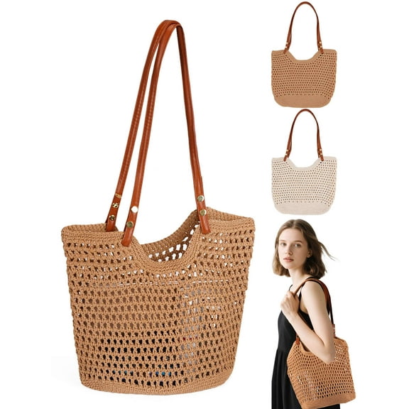 Gustave Crochet Tote Bag for Women Summer Mesh Beach Bag Casual Knit Woven Hobo Shoulder Bags Handbag Purse for Travel Picnic Vacation - Khaki