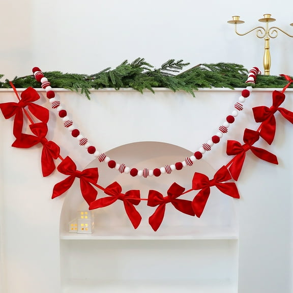 Dserfhy Christmas Velvet Bow Garland Decoration Pre-Strung Red White Ball Ornament Home Office Living Room Bedroom Xmas Tree Mantel Fireplace Shelf Indoor Holiday Decor