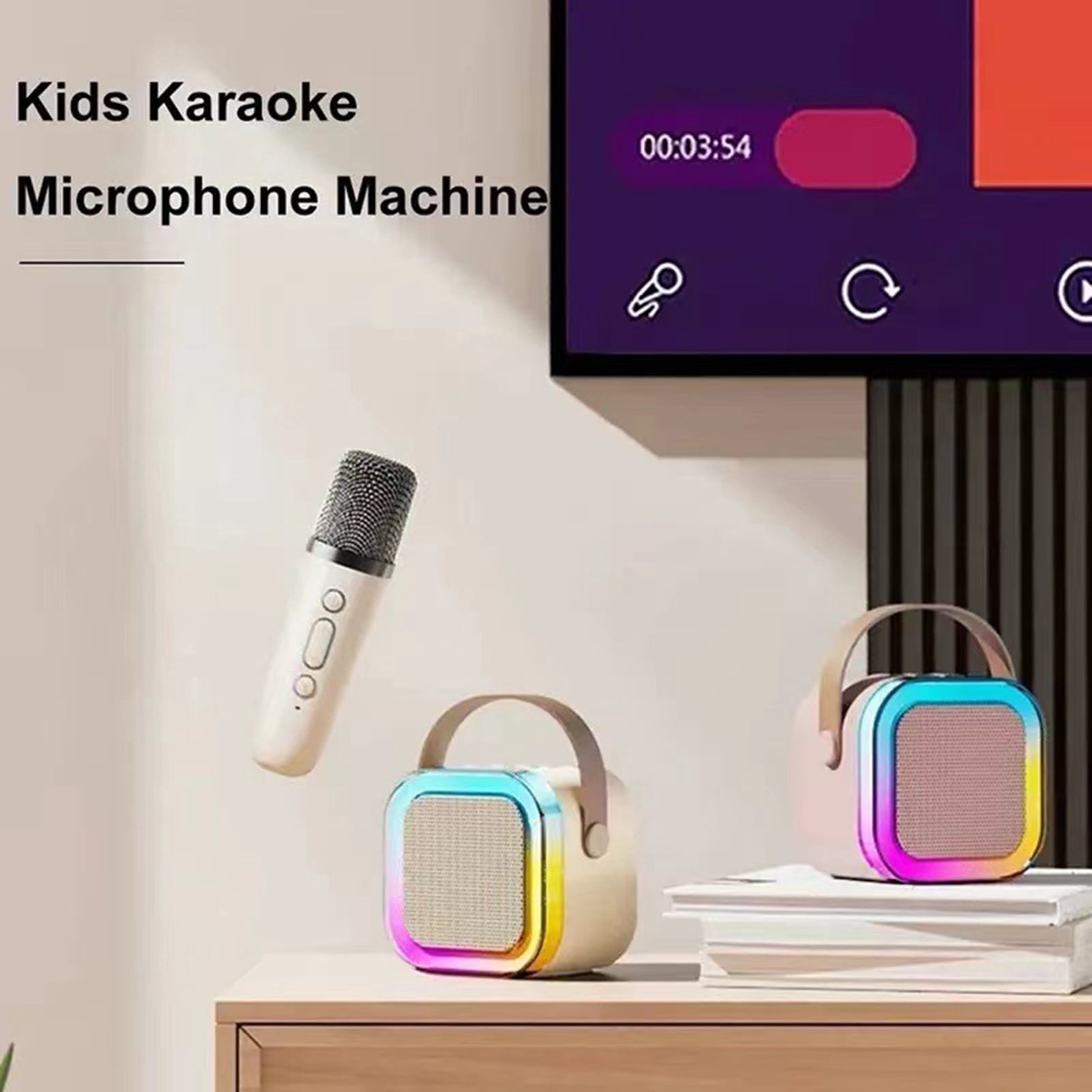 Mini Karaoke Machine with 2 Wireless Microphones Voice Changer Stereo Sound Portable Bluetooth-compatible Portable Speaker with Light