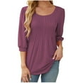 thumbnail image 2 of Tops for Women Pleated Long Sleeve Round Neck Casual Loose Solid Color Top Purple XL, 2 of 7