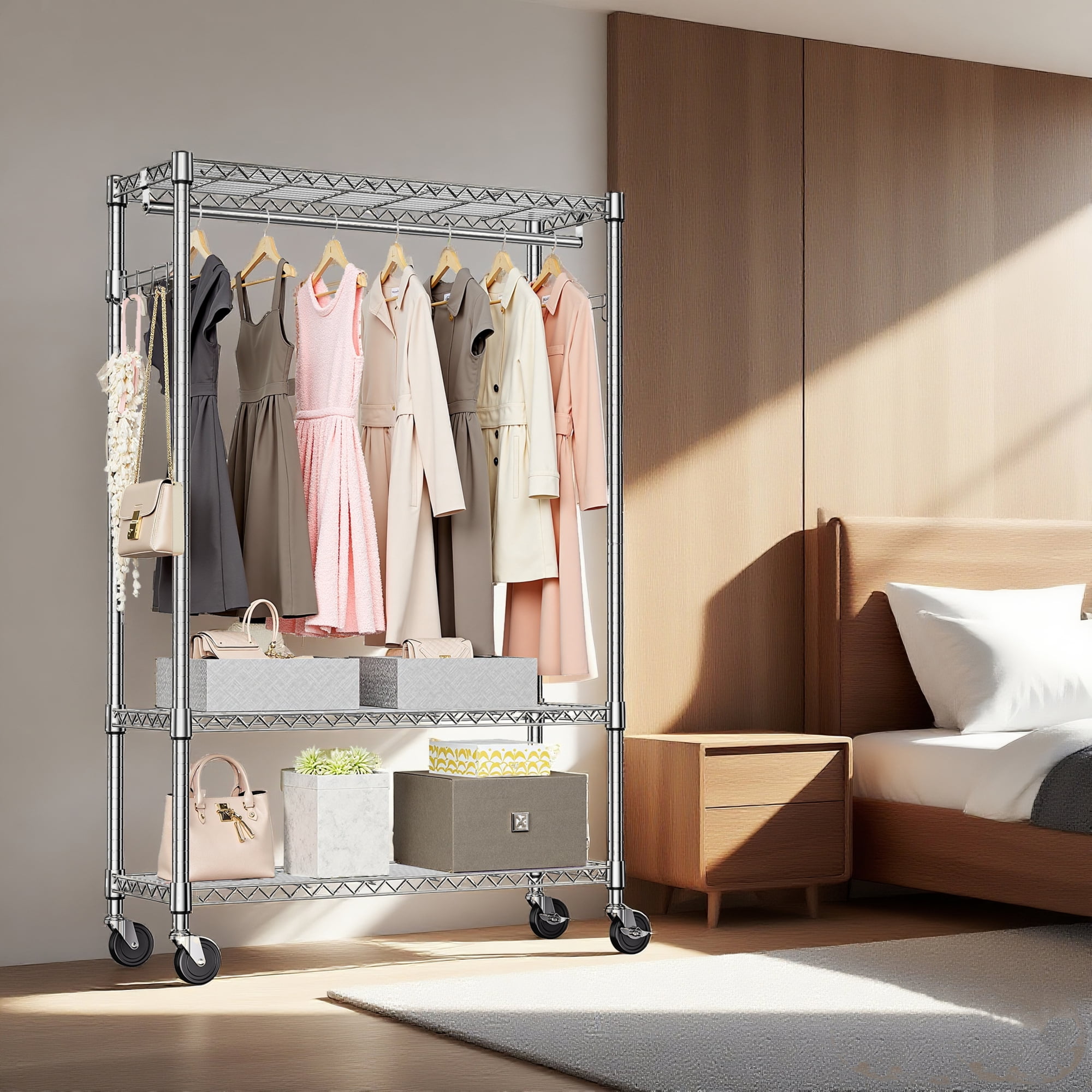 Leumius Heavy Duty Garment Rack with Wheels, Rolling Freestanding Closet Organizer and Clothes Rack with 1 Hang Rod, Adjustable Metal Wardrobe for Laundry Room Bedroom Cloakroom Chrome