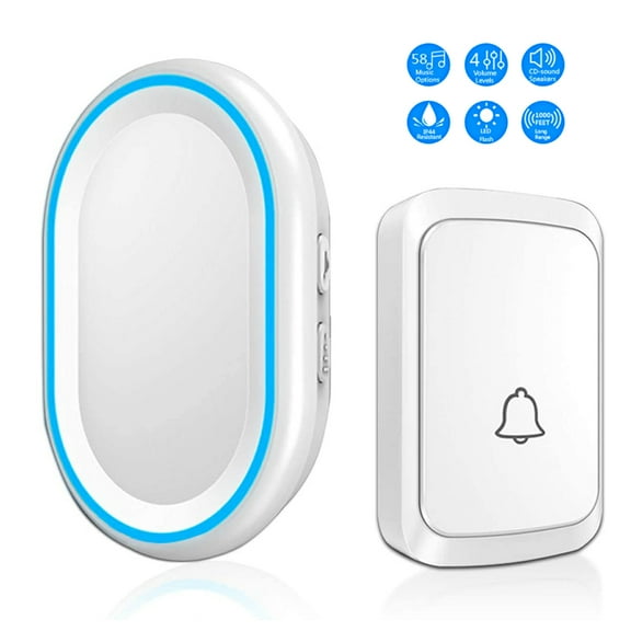 Wireless Doorbell, Waterproof Door Bell with 58 Melodies and Led Flash, Easy Install, 1000-Feet Range,1 Push Button & 1 Receiver, White