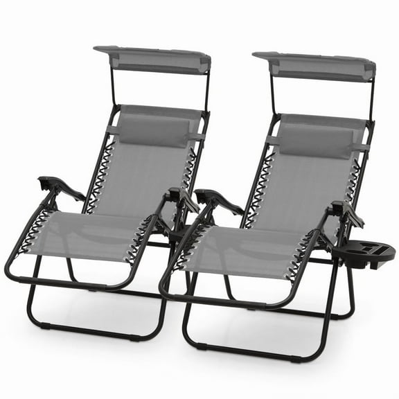 Lounge Chair Set of 2, Folding Outdoor Recliner With Canopy Shade Tray Headrest, Gray