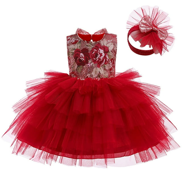 Robe Imprimée Fleur Fille Mignonne Sequins Sans Manches Papillon Princesse Mariage Demoiselle d'Honneur Fête Concours avec Accessoires pour Cheveux Robes pour Bébé Fille 1-6 Ans