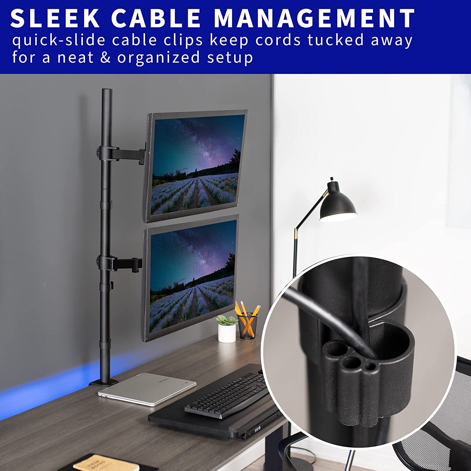 Tall Vertically Stacked Dual Monitor Desk Mount Stand with 39 inch Stand- Pole, Fully Adjustable Extended Arms, Fits 2 Screens  to 27 inches, STAND-V012T