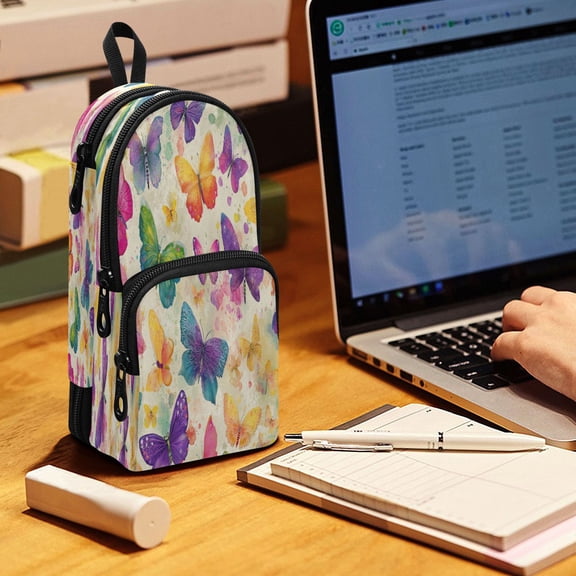 Backpack Pencil Case, 3 Compartment Large Capacity Oxford Fabric Pencil Pouch / Vibrant Splash Butterfly Pattern