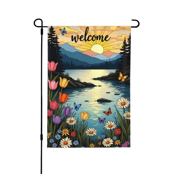 Welcome Spring Summer Garden Flag 12x18 Inch Double Sided Lake Sunset Floral Butterfly Tulip Landscape Yard Outdoor Decor