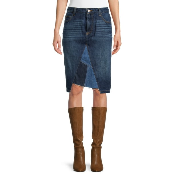 Time and Tru Women’s 100% Cotton Patchwork Denim Skirt - Walmart.com