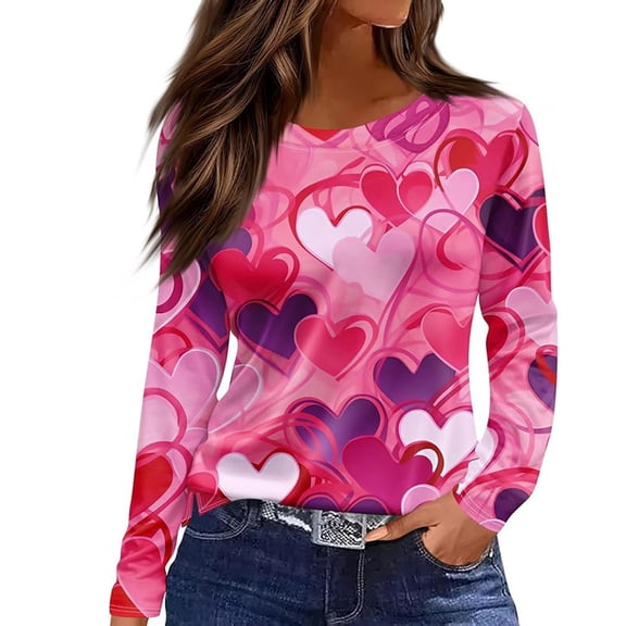 Womens Valentine'S Day Tee Long Sleeve Crewneck Heart Print Design Comfort Womens Clothing,Pink,XL