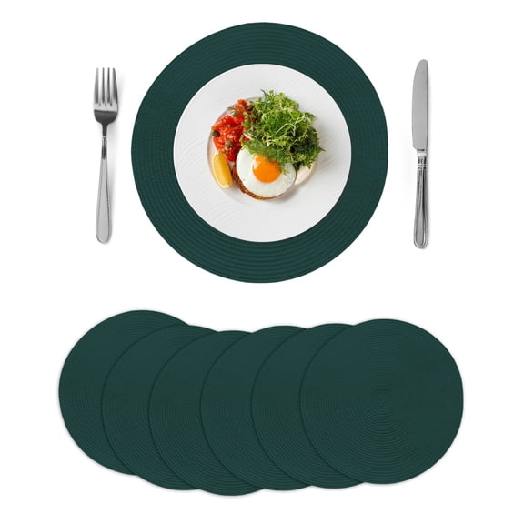 Pure Dark Green Round 15 Inch Placemats Set of 6, Simple Solid Color HeatResistant Non Slip Place Mats for Dining Table, Wipeable Braided Kitchen Table Mats for Housewarming