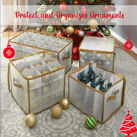 Simplify 64-Count Ornament Storage Box Organizer in Gold Printed Plastic