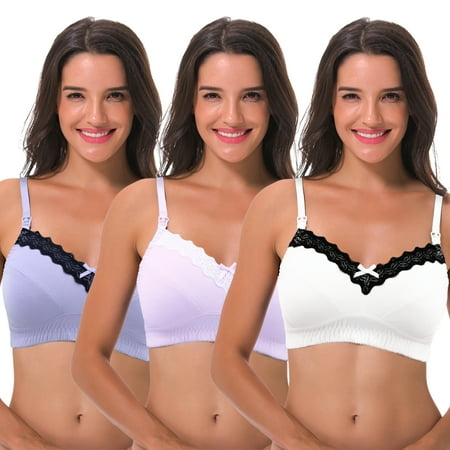 Curve Muse Women s Nursing Plus Size Wirefree Cotton Bra With Upper Lace-3Pack-LAVENDER PINK IVORY-48D