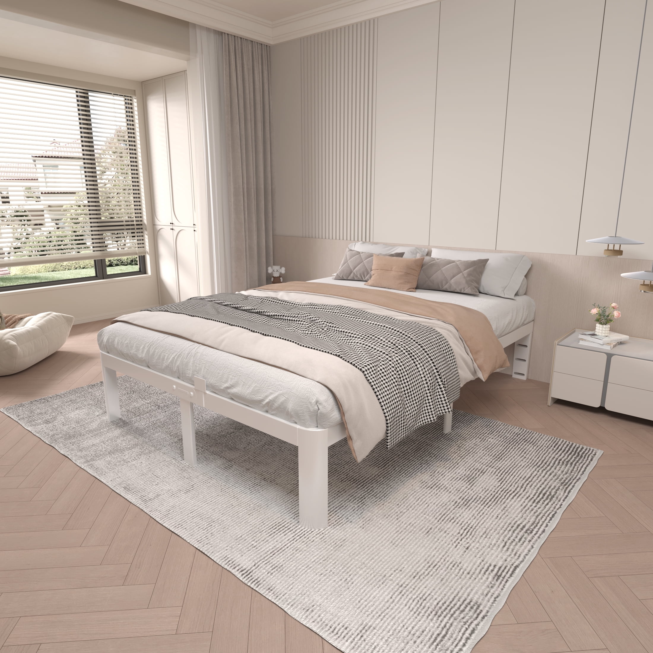 VHAHA White Bed Frame Queen Size 16 Inch, Metal Queen Bed Frame No Box Spring Needed, Heavy Duty Steel Support 3500 LBS, DIY Headboard, Noiseless, Round Corner Legs, Storage Space, Easy Assembly