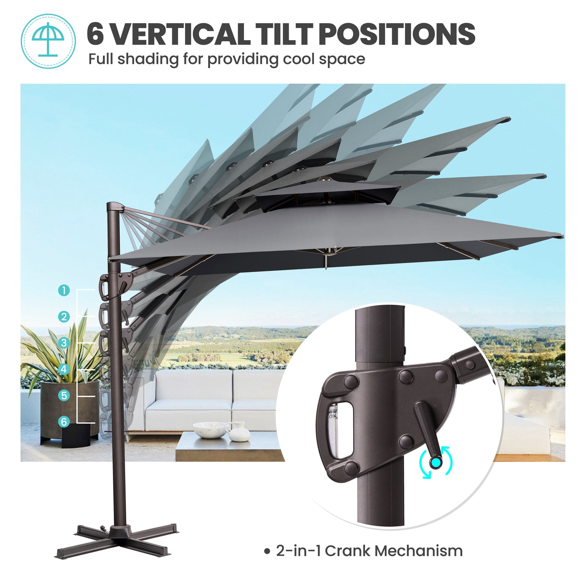 Pellebant 9 ft. x 12 ft. Rectangular Double Top Patio Cantilever Umbrella, Dark Gray
