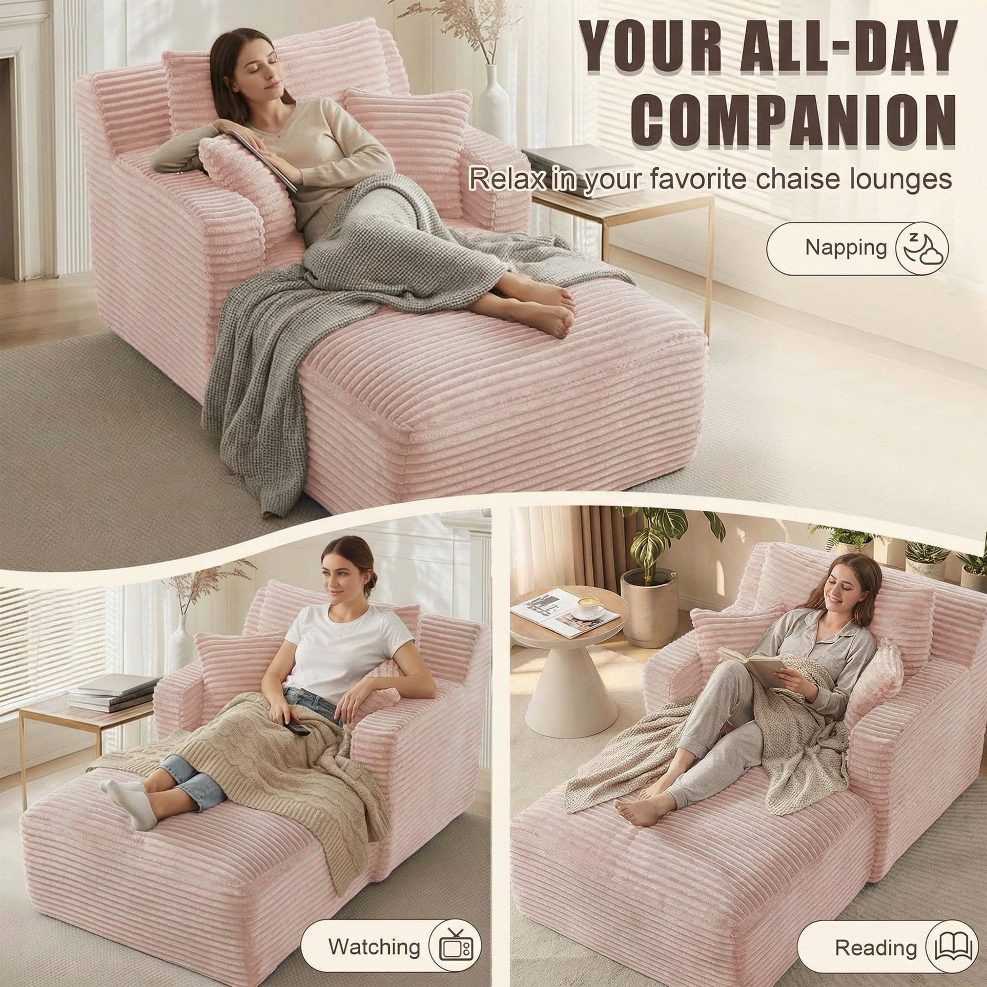 Kosynda 65"D Oversized Chaise Lounge Chair Indoor, Corduroy Upholstered Boneless Sofa Bed with 3 Pillows for Living Room, Pink