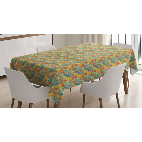 Flip Flop Tablecloth, Starfishes Seashells Sunglasses and Beach Sandals on Sand, Rectangle Satin Table Cover Accent for Dining Room and Kitchen, 60" X 90", Green Vermilion, by Ambesonne