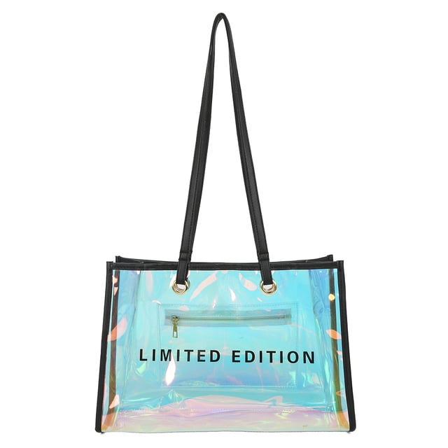 Sacs à Bandoulière de Voyage Grande Capacité pour Femmes Lettres Laser PVC Transparent Sac à Main pour Femmes Filles Magasinage Extérieur Noir