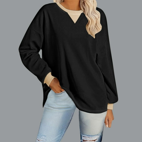 Oversized Shirts for Women Fall Clothing 2024 Trendy Color Block Crewneck Sweatshirt Lightweight Long Sleeve Pullover
