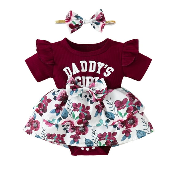 WIBACKER Baby Girl Summer Clothes Newborn Girls Short Sleeve Letter Print Romper  Headband Infant Bodysuit Skirt Outfit 0-18 Months