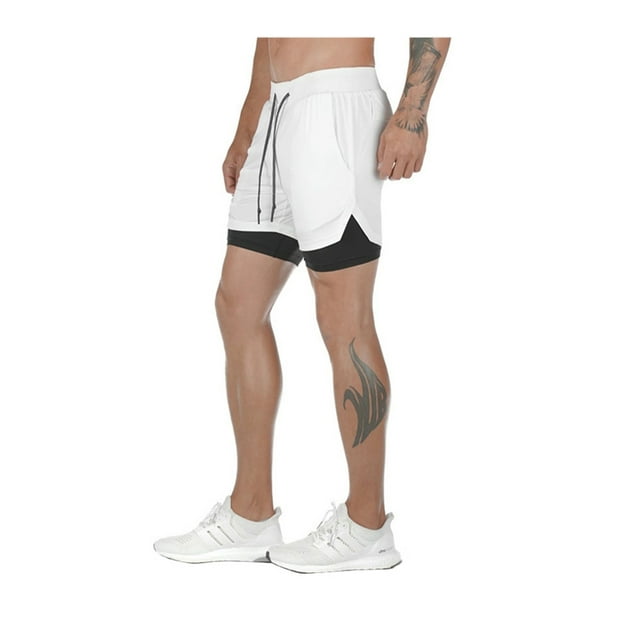 Men Running Shorts Pants 2 in 1Workout Training Gym Quick Dry Bodybuliding Athletic Short Jogger with Pockets