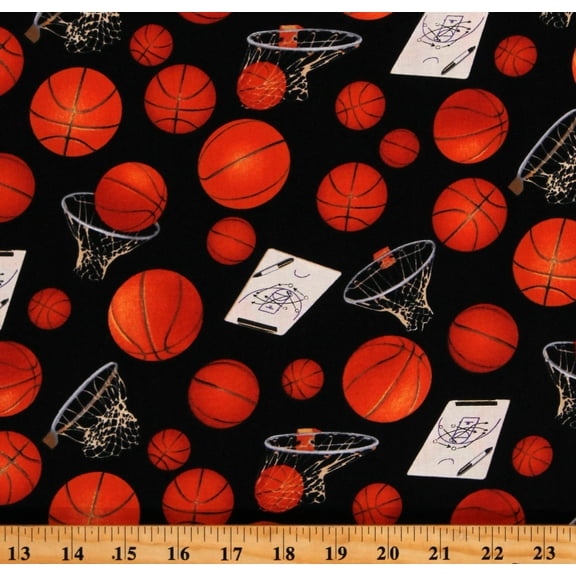 Cotton Basketballs Sports Player Game Black Cotton Fabric Print by the Yard (132BLACK)