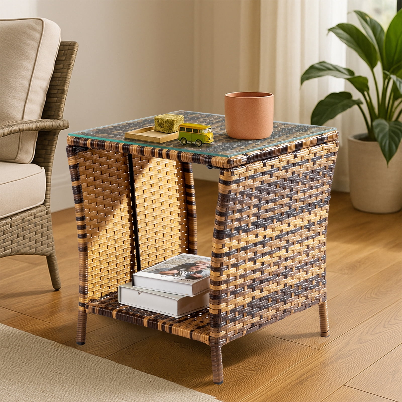 Yellow Gradient Rattan Side Table, Tempered Glass Top End Table with Iron Frame, Single Layer PE Cane Accent Table Easy Assembly for Living Room Bedroom Office Bathroom
