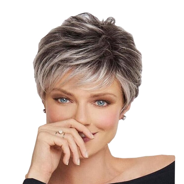 Peluca Blanca con Degradado para Personas de Mediana Edad y Ancianas, Peluca de Estilo de Cabello de Malla Rosa de Alta Gama