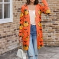 thumbnail image 3 of WTOBBY Women's Fashion Comfortable Halloween Printed Mid-Length Cardigan Jacket Casual Long Sleeve Open Front Cover Up With Pockets Fall Layering Piece,Saffron M, 3 of 7