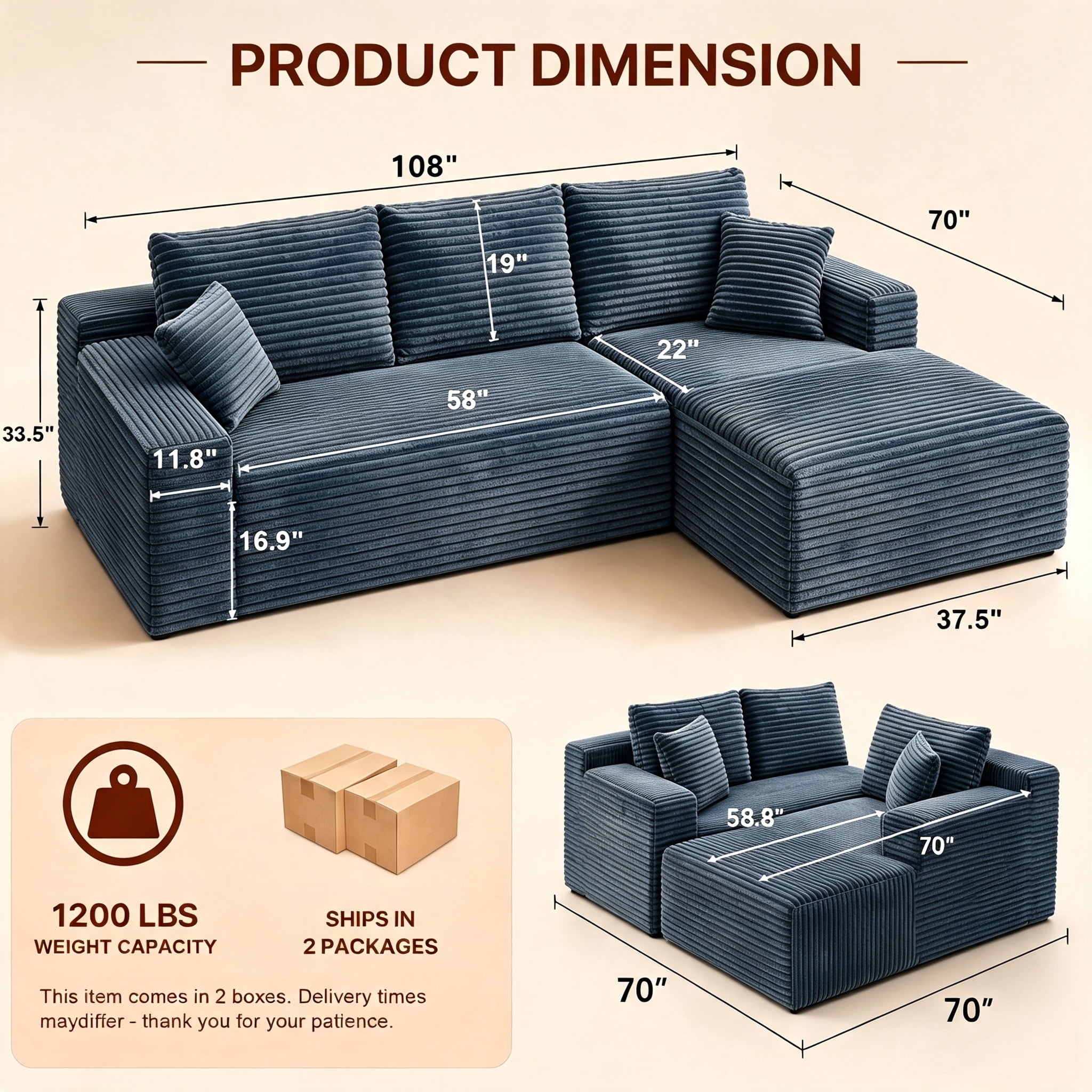 Aukfa 108" Cloud Sectional Sofa Deep Seat Boneless Couch Modular L-Shaped Couch, Rihgt Chaise Corduroy Sofa for Living Room, Gray