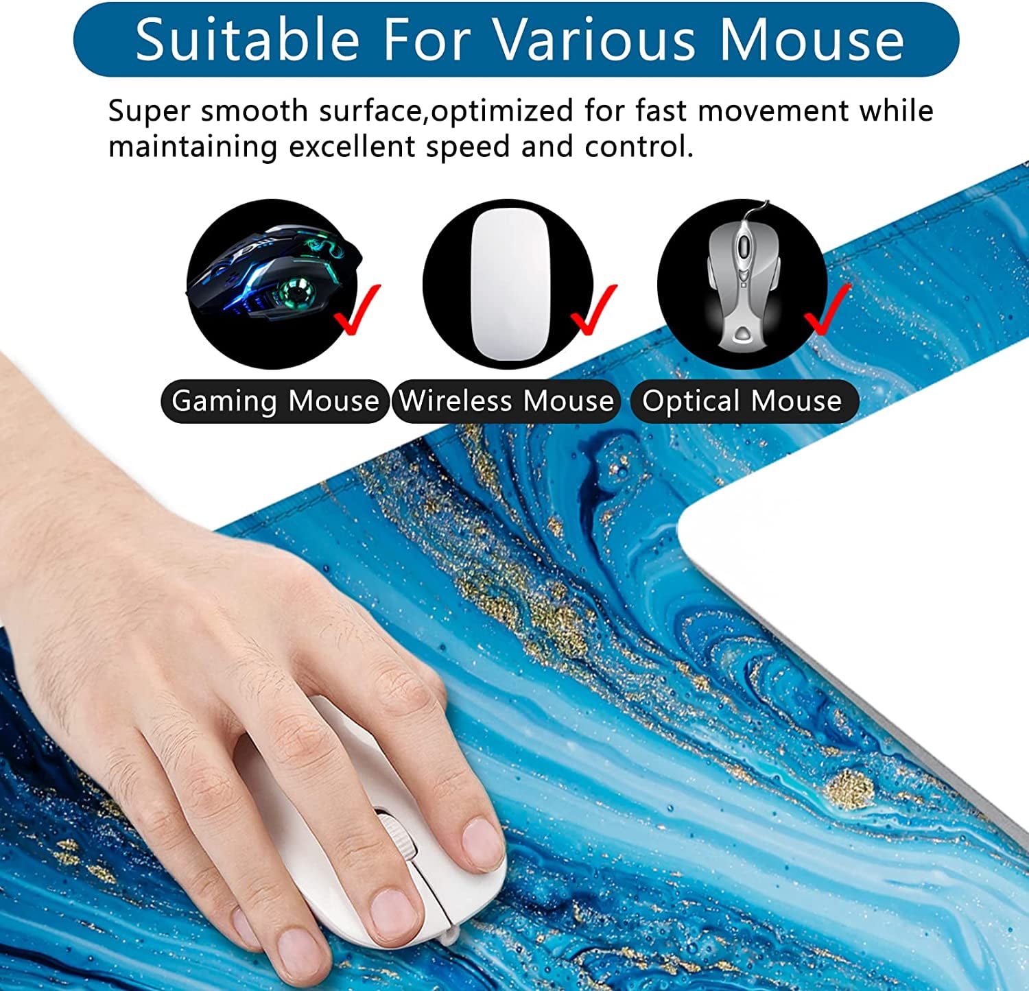 Blue Marble Mouse Pad XXL Large Mouse Pad for Desk 35x15.7x0.12inch Desk Mat Gaming Mouse Pad (Blue)