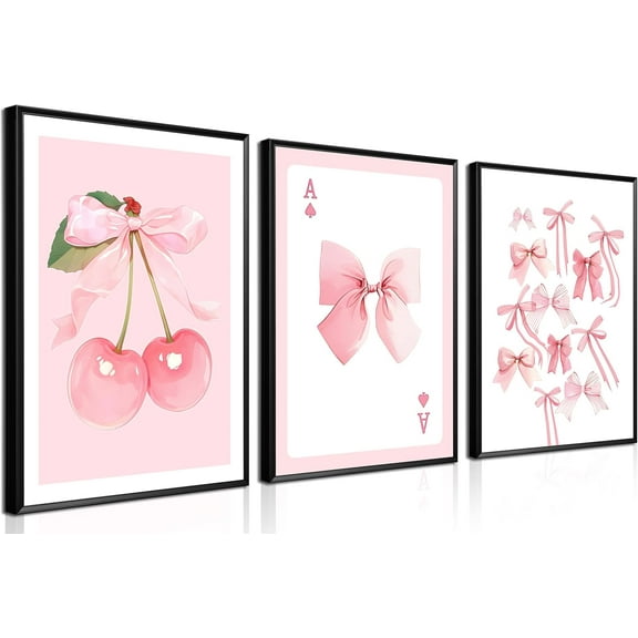 Trendy Preppy Canvas Wall Art Set of 3, Light Blue Bow Picture Wall Decor Paintings, Poker Lucky Coquette Room Posters Prints for Dorm College Apartment Bedroom 16x24In Framed