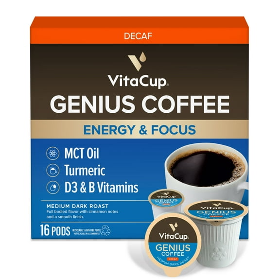 Vitacup Decaf Genius Keto Coffee Pods Compatible w/ K-Cup Brewers, 16 Ct