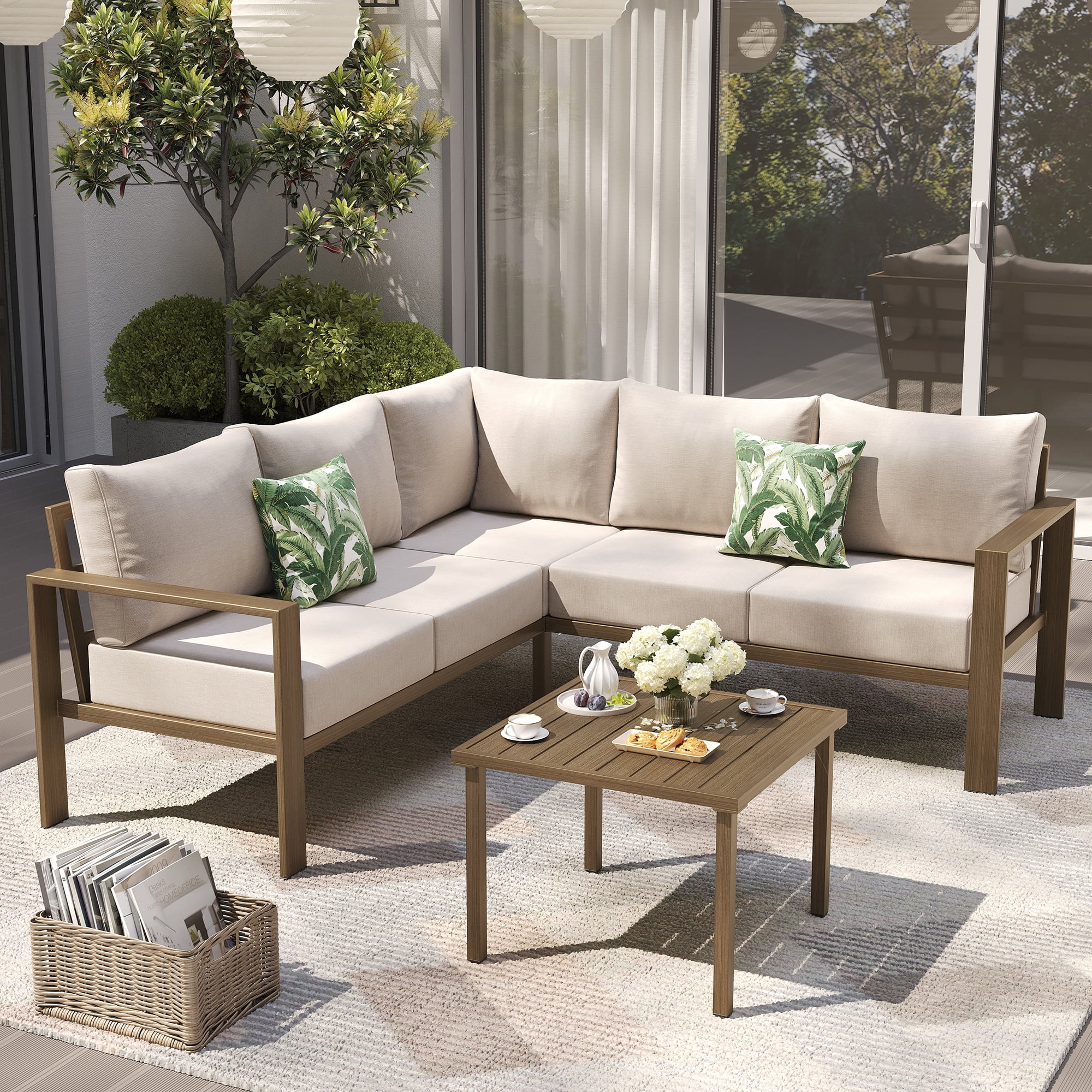 ELPOSUN 6 Pieces Patio Furniture Sets with 6" Thick Olefin Cushions, Faux Wood Metal Outdoor Sectional Furniture L Shape Patio Conversation Sets for Garden, Backyard Beige