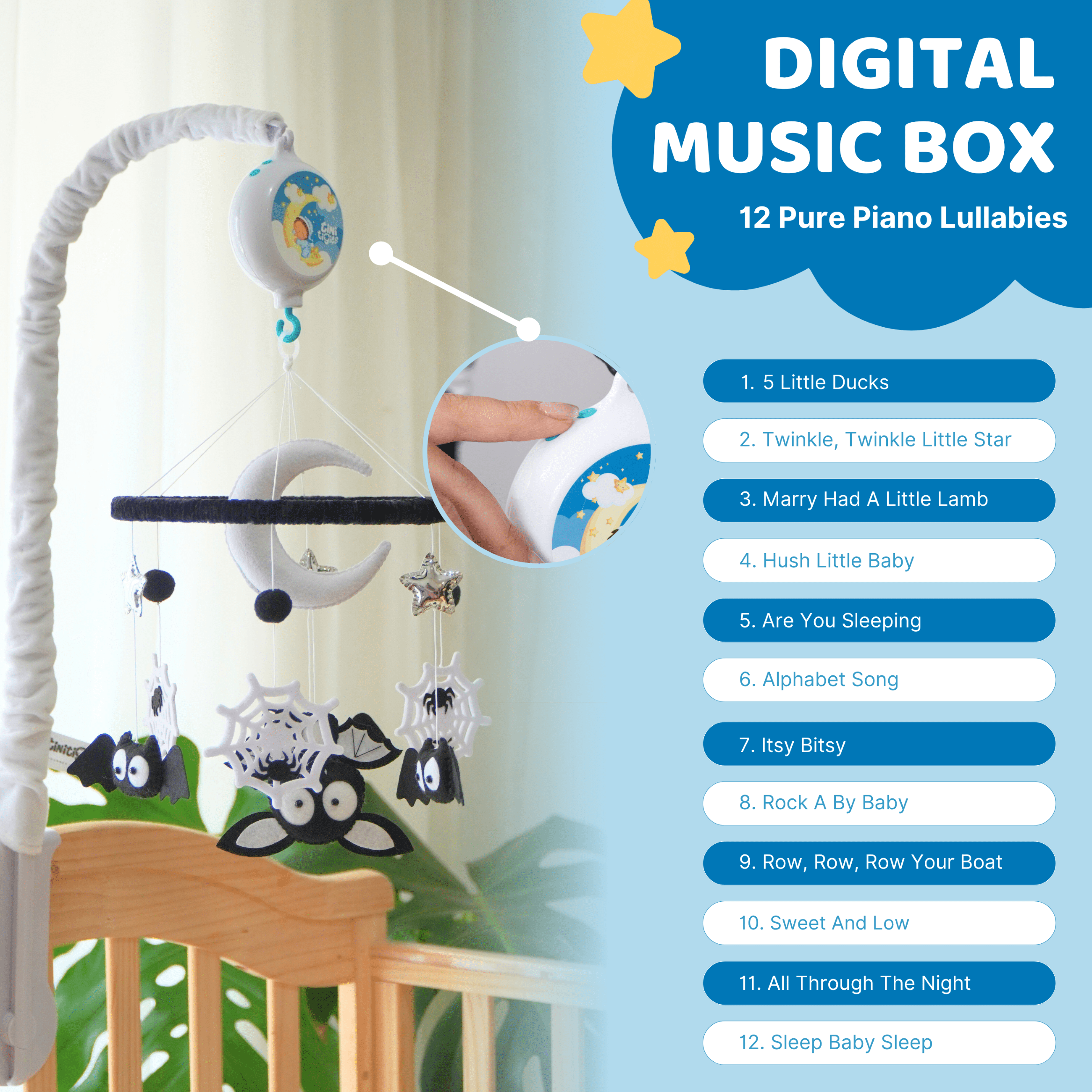 TINITIGIES Bat & Spider Baby Mobile with Music Box – Handmade Felt Crib Mobile, 12 Piano Lullabies, Visual & Cognitive Development Toy for Newborns