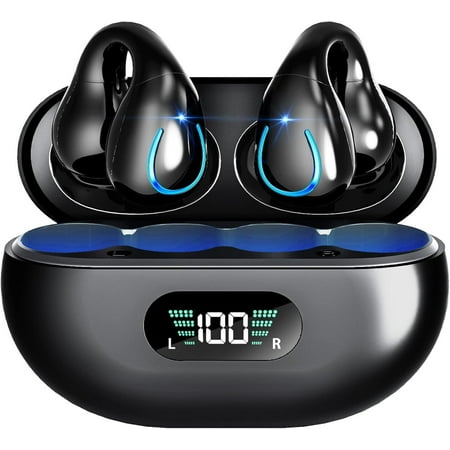 Wireless Earbuds Open Ear Clip Bluetooth Headphones 65H Playback Power Display Earphones with Charging Case IPX7 Waterproof in-Ear Earphones with Mic for iPhone Android Computer Laptop Black