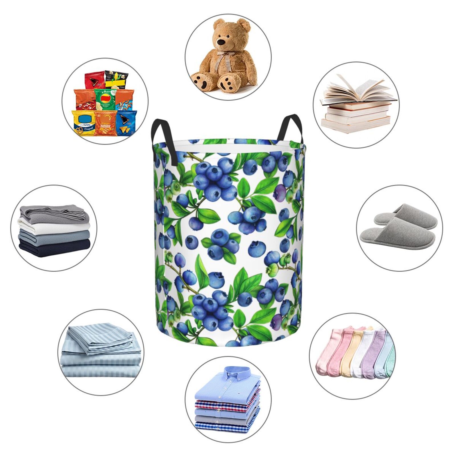 Large Laundry Basket with Handles - Blueberries design Kids Baby Dirty Clothes Laundry Hamper for Bedroom Aesthetic
