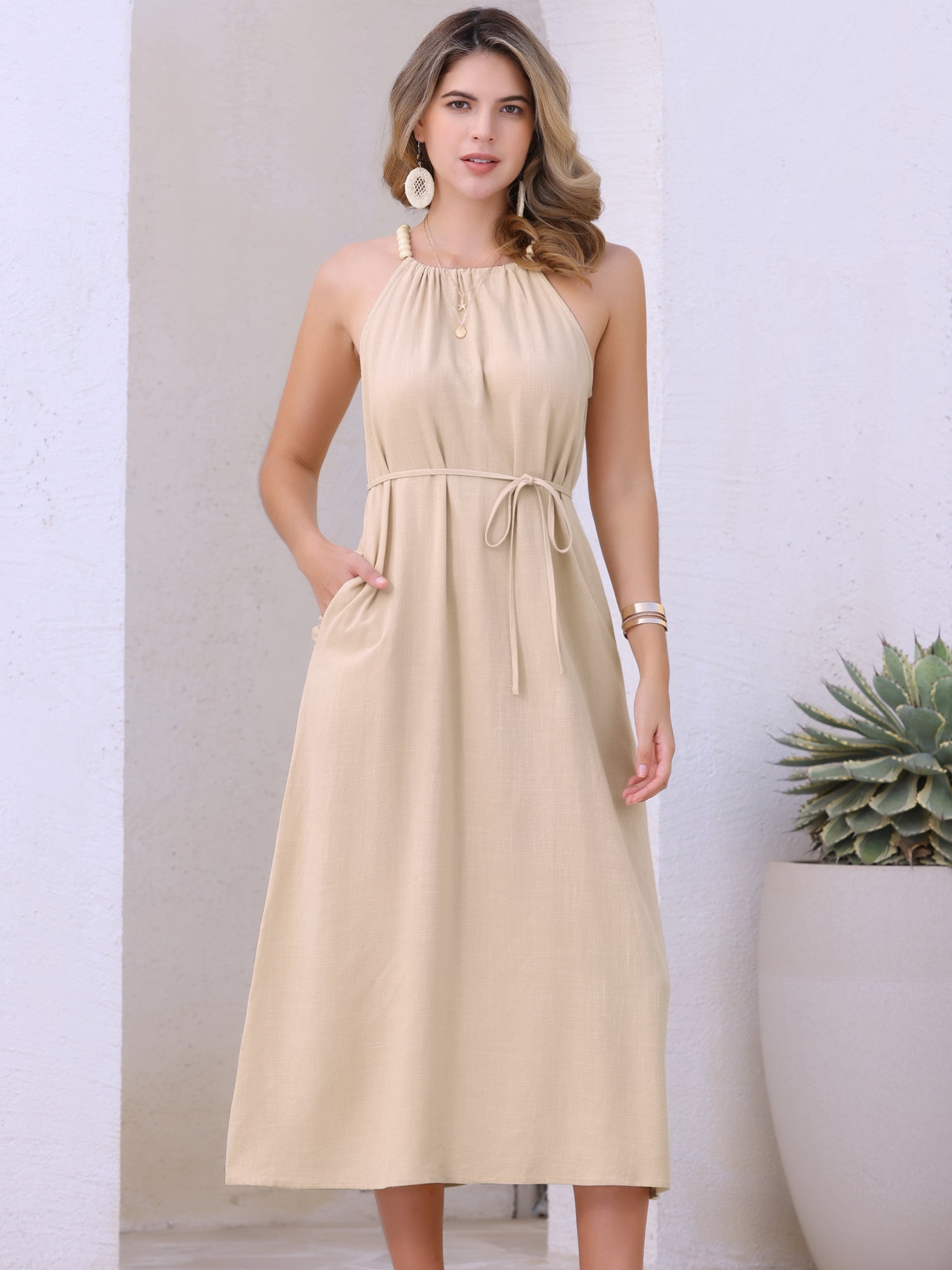 DARING DIVA Halter Neck Belted Casual Summer Midi Dress L Apricot