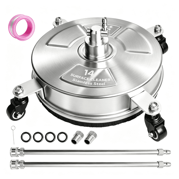 CURYMAY 14" Pressure Washer Surface Cleaner with 4 Wheels,Stainless Steel Concrete Cleaner for Patio Driveway,4000 Psi Max,1/4 Quick Connect with 2 Extension Wands