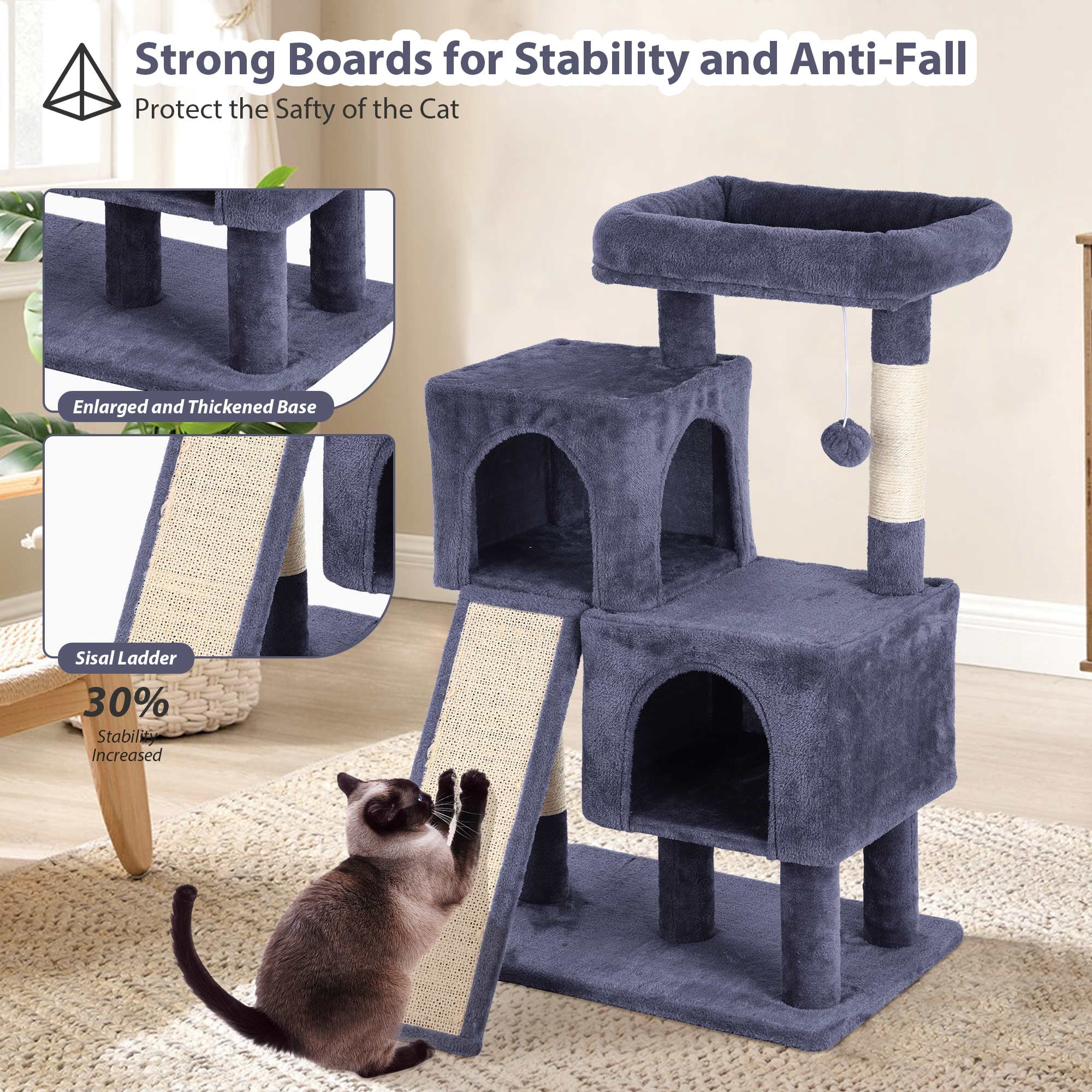 CL.HPAHKL 36 In Short Sturdy Cat Tree House, Modern Cat Tower Scratching Post with Soft Plush Perch Kittens Condo with Board and Hanging Ball Cat Cave Beds for Indoor Cats, Dark Grey